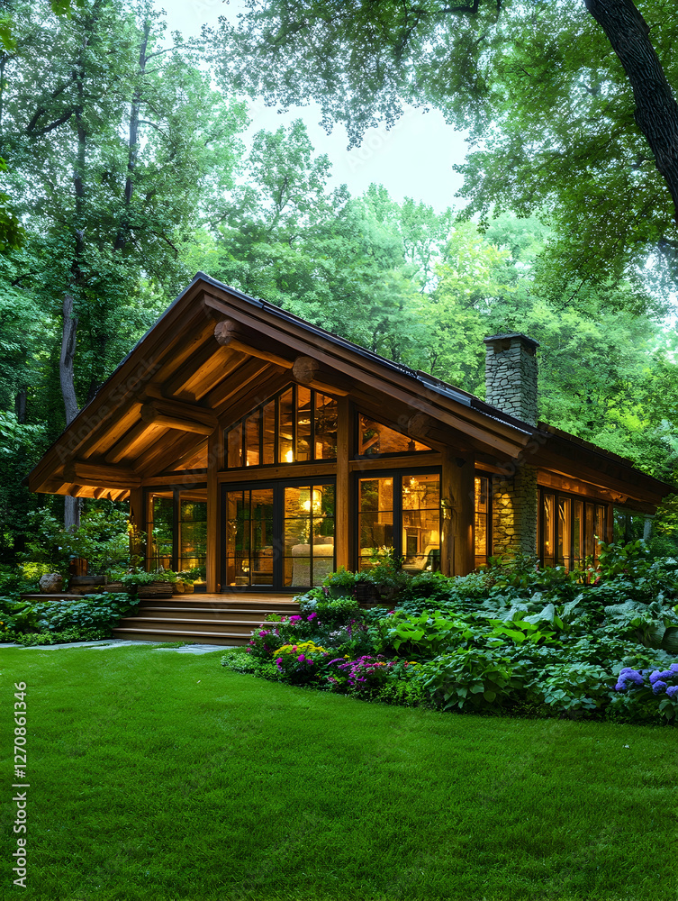 Cozy cabin with lights in lush green forest with flowers, for home and property use Cozy cabin with lights in lush green forest with flowers, for home and property use