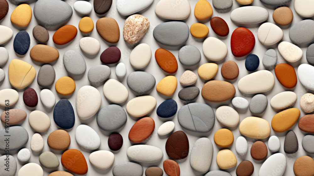 A collection of different colored pebbles neatly arranged on a light background, creating a visually appealing composition A collection of different colored pebbles neatly arranged on a light background, creating a visually appealing composition