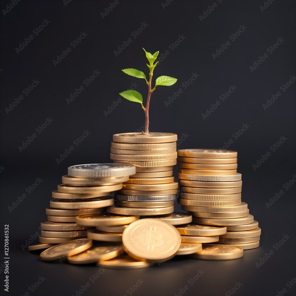 Pile of coins with a growing plant on top symbolizing financial growth isolated on transparent background Pile of coins with a growing plant on top symbolizing financial growth isolated on transparent background