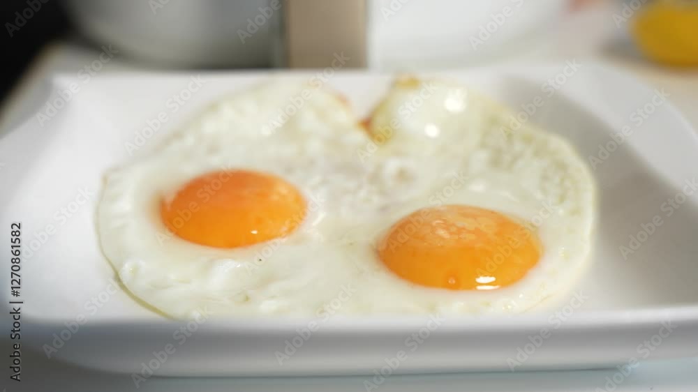 A white plate with two eggs on it. One is slightly larger than the other. The plate is on a table. A man transfers fried eggs from a frying pan to a plate. A white plate with two eggs on it. One is slightly larger than the other. The plate is on a table. A man transfers fried eggs from a frying pan to a plate.