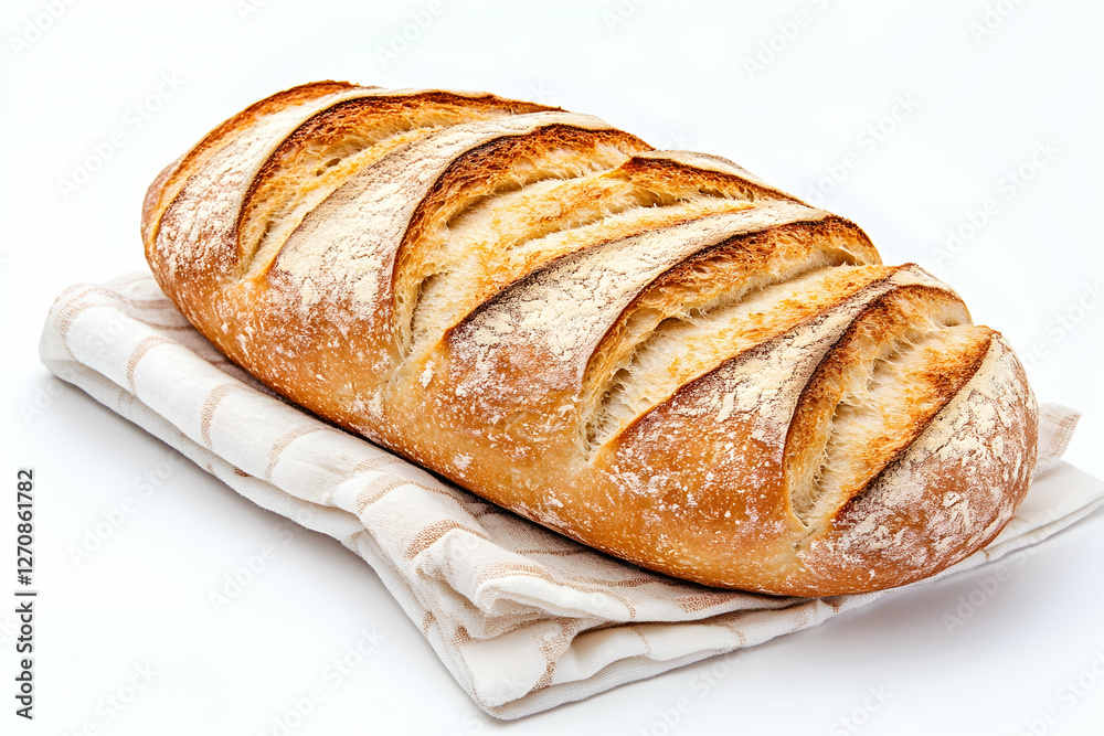 Crusty bread loaf on cloth, plain background, for recipe book or food blog Crusty bread loaf on cloth, plain background, for recipe book or food blog