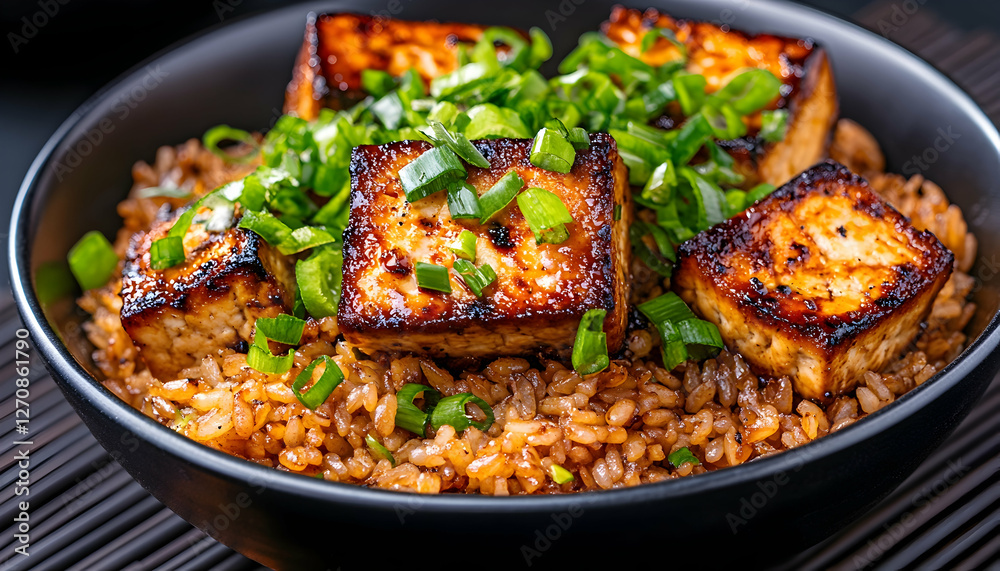 Crispy tofu rice bowl with scallions, flavorful sauce, and chopsticks in background Crispy tofu rice bowl with scallions, flavorful sauce, and chopsticks in background