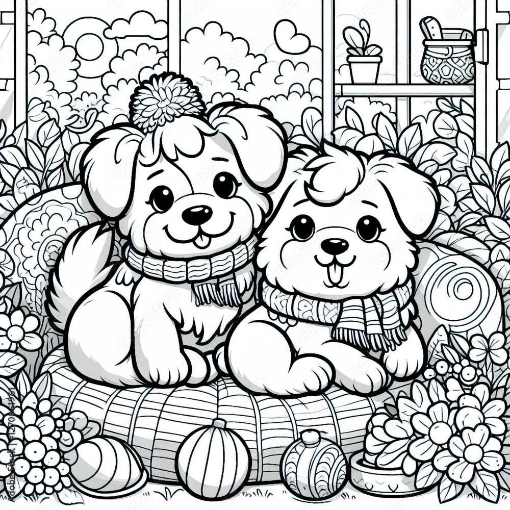 Obraz premium Coloring book puppy friends in a cozy spot! Simple line art, perfect for coloring or friendship designs. Ai generative