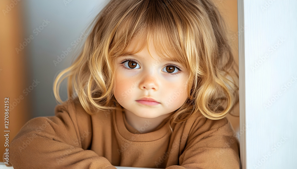 Cute little girl portrait inside near a wall, looking thoughtfully at the viewer Cute little girl portrait inside near a wall, looking thoughtfully at the viewer