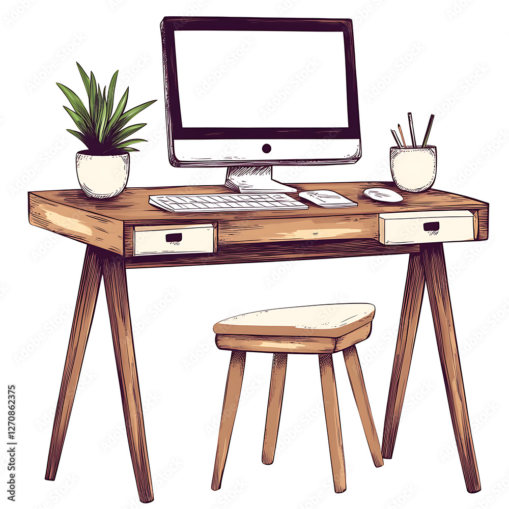 Fototapeta premium Workspace with Computer Setup and Potted Plant on Desk Interior Illustration Modern Design