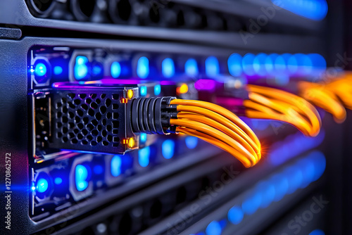 Datacenter servers, glowing lights, cables plugged for data transfer, network usage