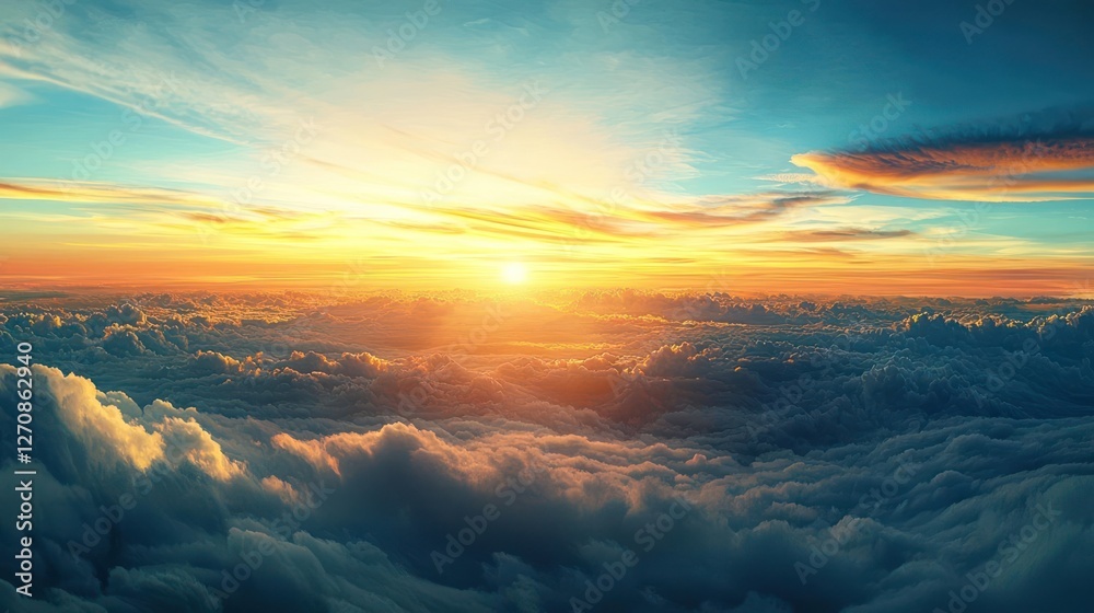 Fototapeta premium Aerial View of City at Sunset with Vibrant Colors and Dramatic Clouds