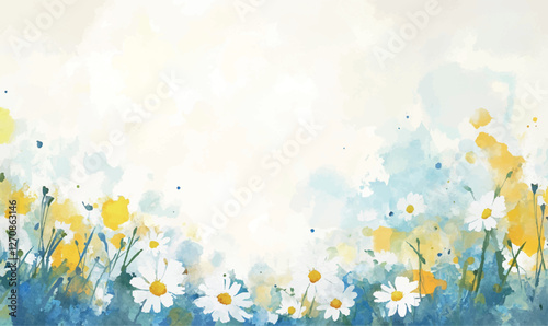 watercolor background with white and yellow flowers camomile