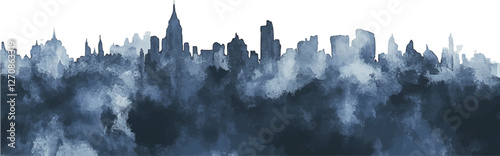 watercolor background, warm gray and muted blue texture on paper. A simple silhouette of distant city buildings at the bottom