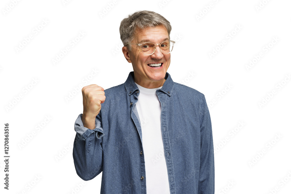 Cheerful older man celebrating success with a raised fist in a casual outfit against a plain background Cheerful older man celebrating success with a raised fist in a casual outfit against a plain background