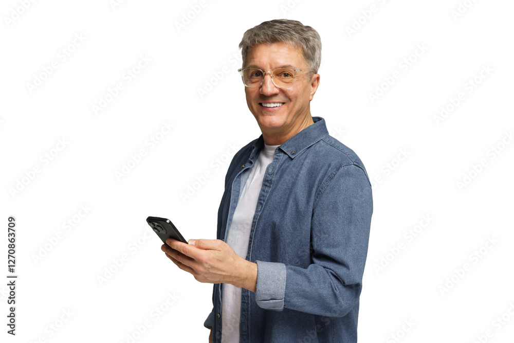 Man smiling while holding a smartphone and standing against a plain background indoors Man smiling while holding a smartphone and standing against a plain background indoors