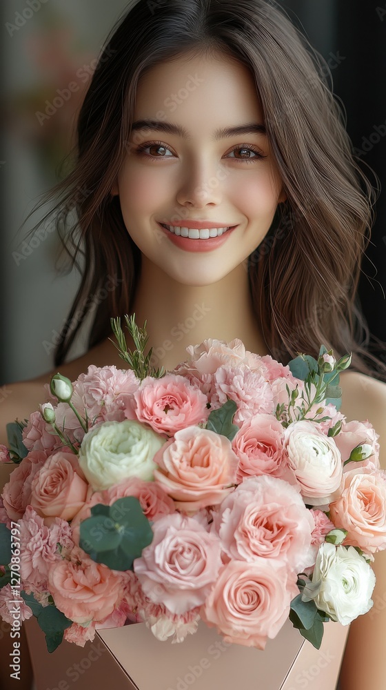Naklejka premium Smiling woman holding a bouquet of pastel roses in a soft light setting during a floral-themed event