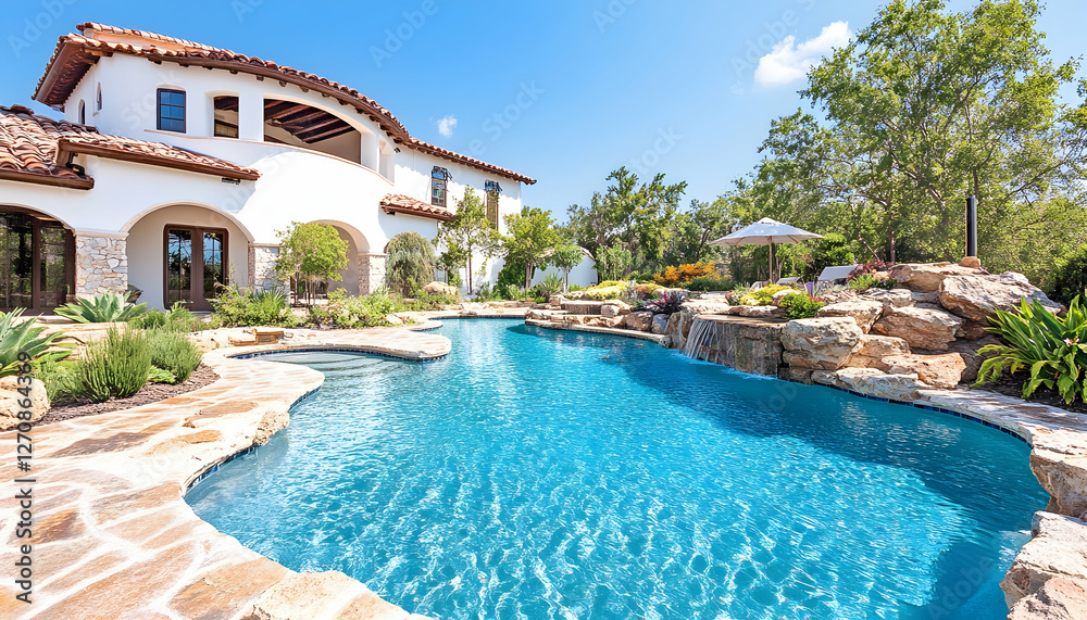Fototapeta premium Elegant villa with pool in the backyard. Sunny day. Lush vegetation behind