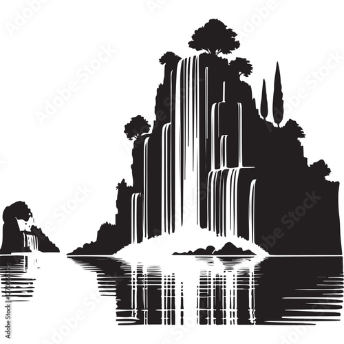 Stunning Waterfall Landscape Illustration Silhouette for Nature and Travel Designs