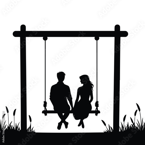 Silhouette Couple in Love Sitting on a Swing Together