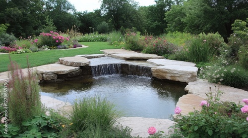 Serene garden landscape featuring a tranquil pond and vibrant flower beds in a lush green park during late spring
