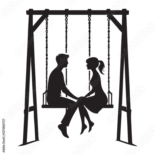 Silhouette Romantic Couple Holding Hands Sitting on a Swing