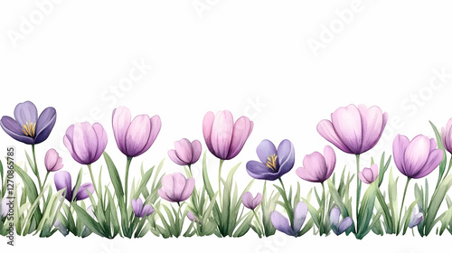 Floral border with tulips and crocuses in a meadow for greeting card design