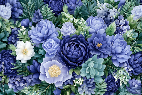 Floral arrangement with blues, whites and greens. Background plants add depth