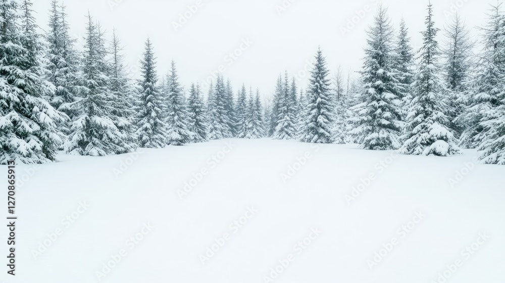 Obraz premium Snowy clearing surrounded by snow-covered pine trees in a winter forest under an overcast sky.