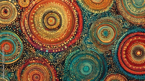 An intricate Aboriginal dot painting with warm earthy tones of red, orange, and yellow blending with cool blues and greens, creating concentric patterns.