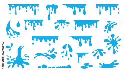 Blue liquid splash and drip vector set.  A collection of blue liquid splash and drip vector illustrations, perfect for design projects, water effects, and creative backgrounds