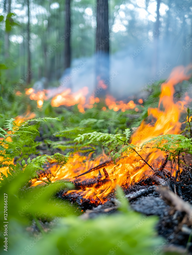 Forest fire burns ferns. Wildfire, danger, emergency, heat. Conservation risks Forest fire burns ferns. Wildfire, danger, emergency, heat. Conservation risks