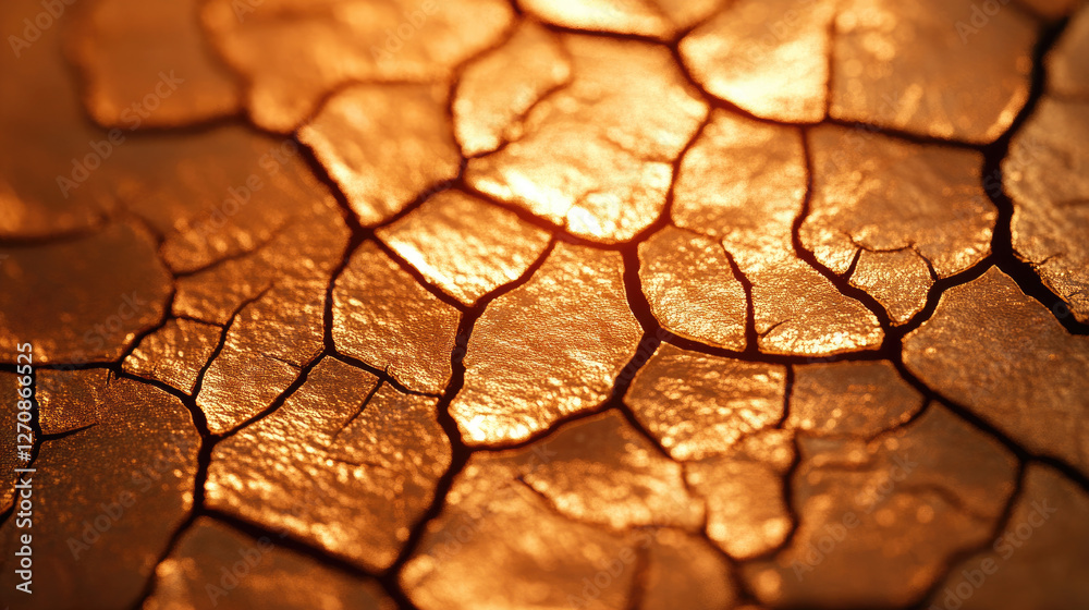 Fototapeta premium A close-up view of textured, cracked surface with golden hues, resembling natural patterns and highlighting light reflections.