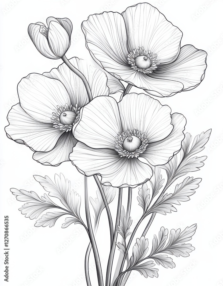 Fototapeta premium Detailed pencil drawing of delicate anemone flowers showcasing intricate petals and leaves in a beautiful botanical style