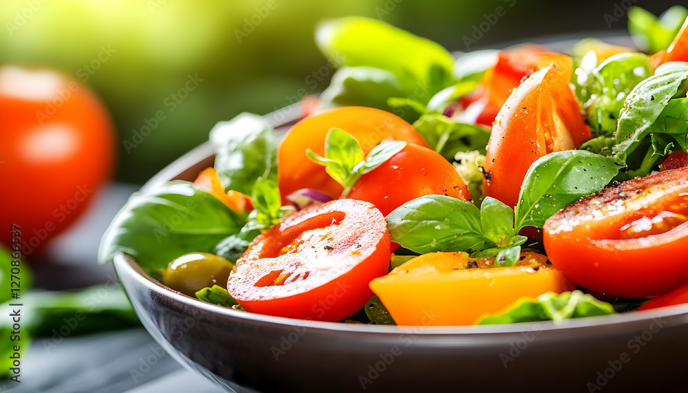 Fresh salad with tomatoes, herbs & greens, served on rustic table. Lunch ad Fresh salad with tomatoes, herbs & greens, served on rustic table. Lunch ad