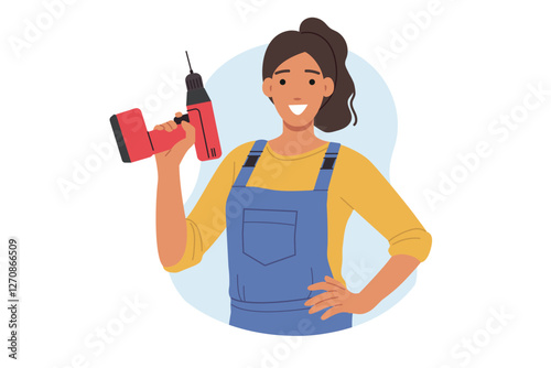 Happy female repairman holding electric screwdriver or drill and smiling looking at screen. Girl repairman or auto mechanic invites you to visit car repair shop for vehicle maintenance.