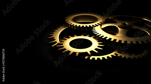 Intricate gold gears in motion abstract industrial design dark background close-up view mechanical concept