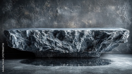 Rustic stone platform, dark backdrop, product display photo