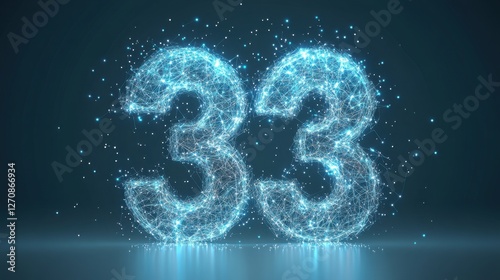 Digital representation of the number 33 in a futuristic design shows glowing connections in a dark background, symbolizing technology and innovation