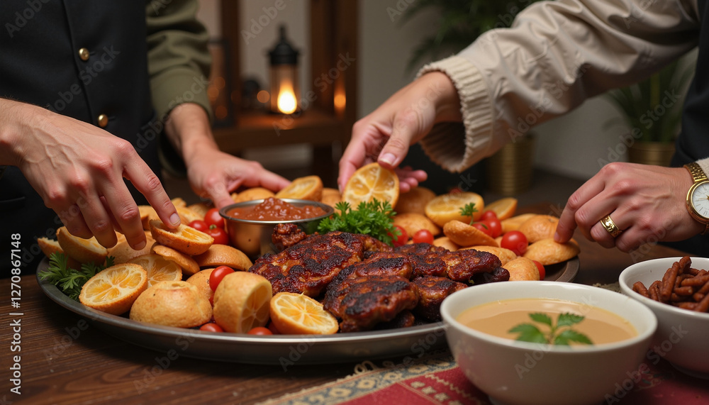 A platter of grilled meat skewers with vegetables and dips, prepared for a festive Iftar meal during Ramadan. A platter of grilled meat skewers with vegetables and dips, prepared for a festive Iftar meal during Ramadan.