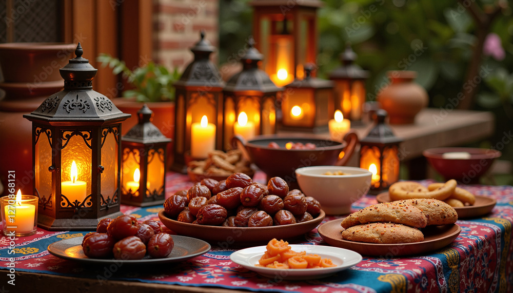 A richly decorated Iftar table with traditional lanterns, dates, and various foods, creating a warm and festive atmosphere. A richly decorated Iftar table with traditional lanterns, dates, and various foods, creating a warm and festive atmosphere.