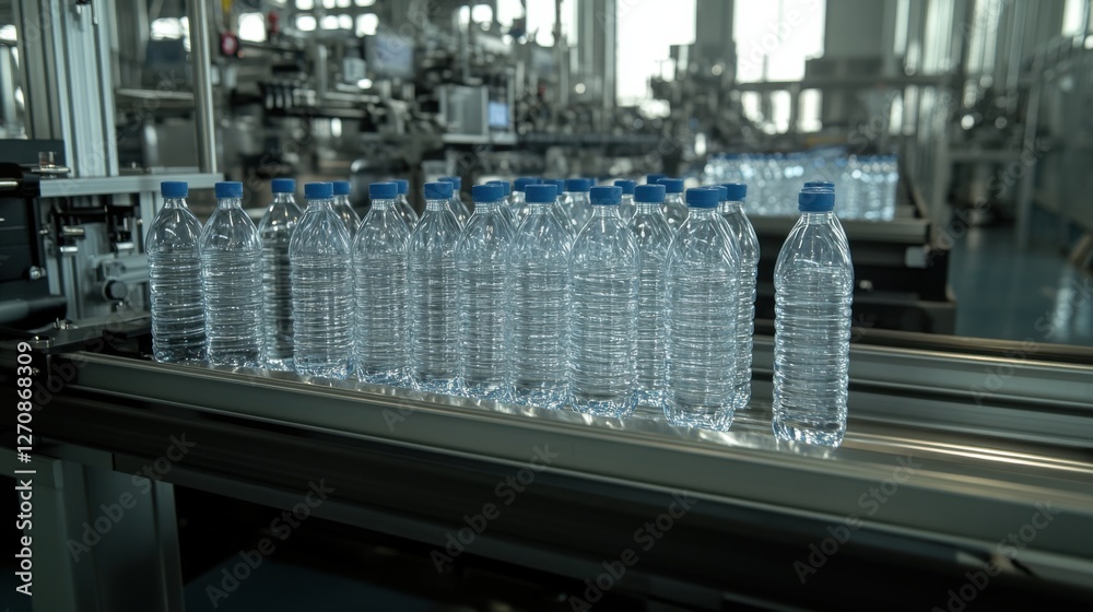 Conveyor belt transports plastic water bottles through a modern bottling facility during daylight hours, showcasing an efficient packaging process Conveyor belt transports plastic water bottles through a modern bottling facility during daylight hours, showcasing an efficient packaging process