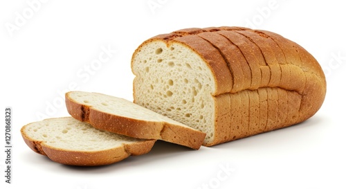 Freshly Baked Sliced White Bread Loaf with Golden-Brown Crust white background