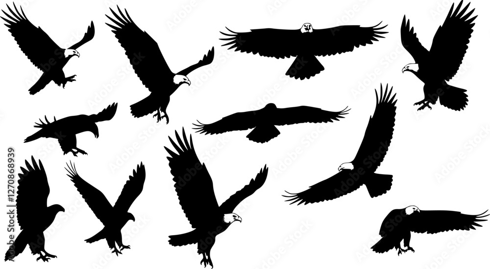 Obraz premium Eagle Vector Illustration Set, Black and White Silhouettes. Collection of 30 Different Eagle Poses, Perfect for Logos, Designs, and More.