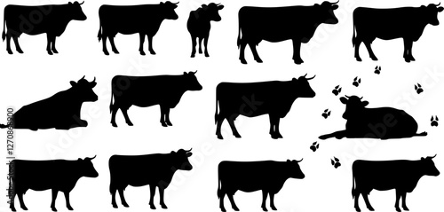 cow silhouette Vector set, cattle silhouettes, diverse breed of cows. Ideal for farm, ranch branding. Perfect for logos, decals. Black, white background. Bulls, cows, standing, walking, running