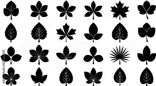Leaf silhouettes, vector collection, diverse leaves shapes, nature elements. Ideal for eco friendly brand aesthetics, botanical illustrations, educational materials, artistic designs, decorations