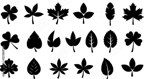 Leaf silhouettes, vector collection, diverse leaves shapes, nature elements. Ideal for eco friendly brand aesthetics, botanical illustrations, educational materials, artistic designs, decorations