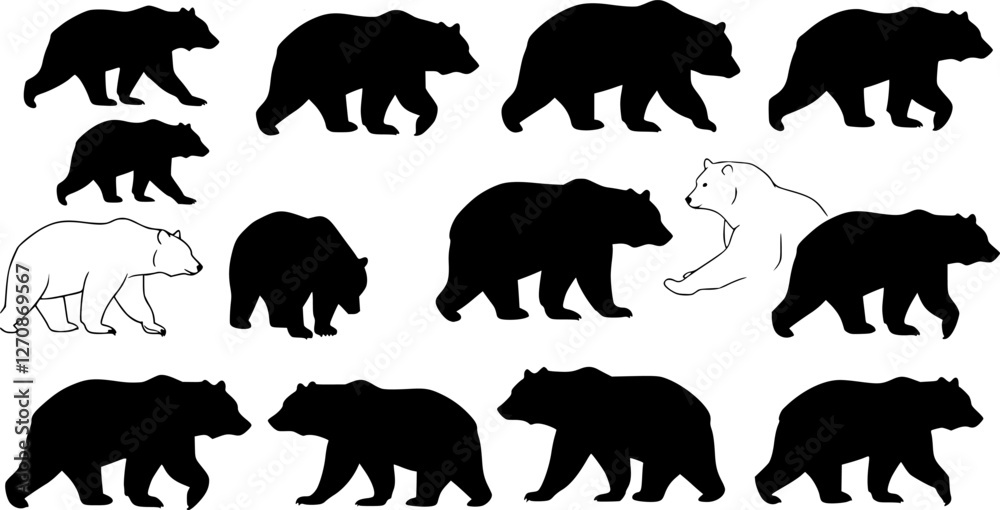 Fototapeta premium Bear silhouettes, bear in various poses, standing, walking, sitting, perfect for wildlife, nature designs, outdoor themes, versatile, visually engaging