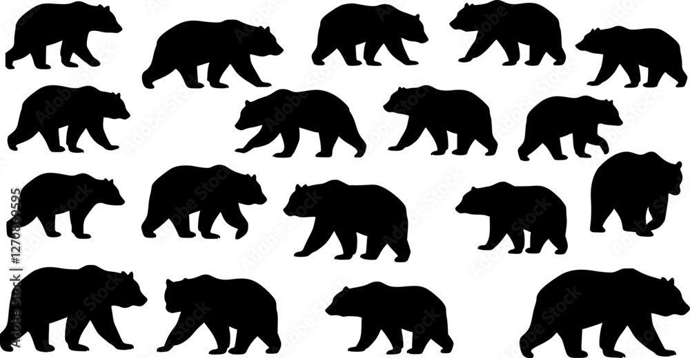 Obraz premium Bear silhouettes, bear in various poses, standing, walking, sitting, perfect for wildlife, nature designs, outdoor themes, versatile, visually engaging