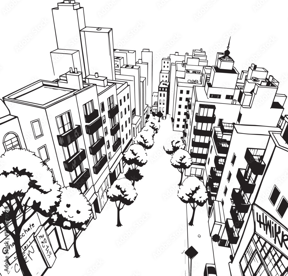 Fototapeta premium City landscape. Different buildings on street, outline cityscape hand sketch, flat houses. Hand drawn vector illustration