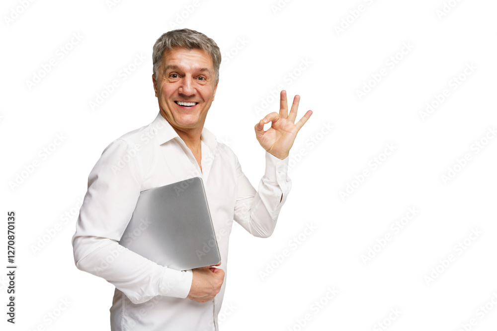 Smiling man in white shirt holding laptop while showing okay gesture against white background Smiling man in white shirt holding laptop while showing okay gesture against white background