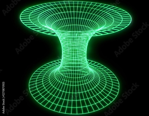 a glowing, green wireframe representation of a theoretical wormhole, a concept from physics and science fiction.
