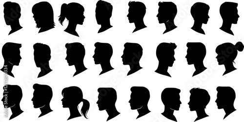 man woman profile line art head, hairstyle, men, women outline collection, variety line art. features unique hairstyles, male and female head silhouettes, showcasing various hairstyles, side view