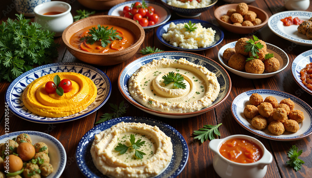 A richly decorated table filled with traditional Middle Eastern dishes, ready for a family iftar meal during Ramadan. A richly decorated table filled with traditional Middle Eastern dishes, ready for a family iftar meal during Ramadan.
