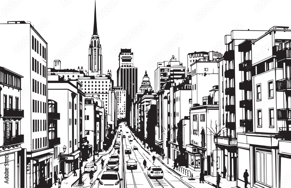 Fototapeta premium City landscape. Different buildings on street, outline cityscape hand sketch, flat houses. Hand drawn vector illustration